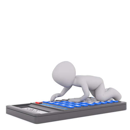 Grey faceless cartoon 3D man using calculator on all fours, render isolated on whiteの写真素材