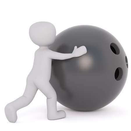 Faceless grey cartoon man rolling forward huge black bowling ball, 3D render isolated on white backgroundの写真素材