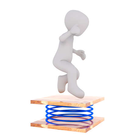 3d toon bouncing on trampoline spring with white backgroundの写真素材