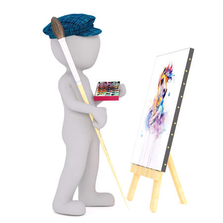 3d toon artist with palette painting picture on canvas, white backgroundの写真素材