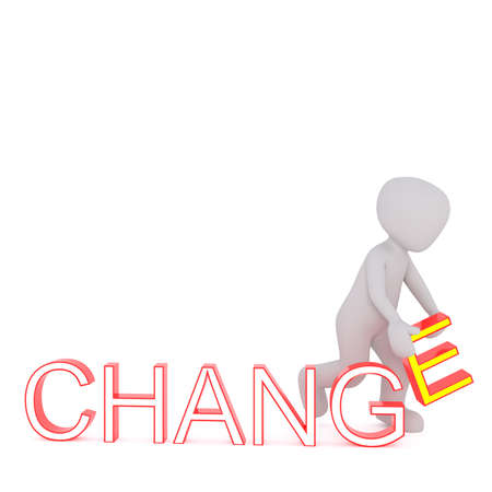 3D figure of incognito man putting together or stealing letters of CHANGE sign. Render isolated on whiteの写真素材