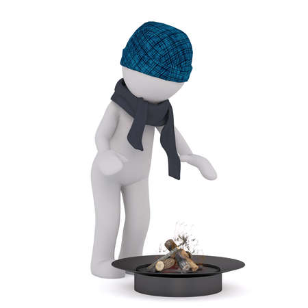 3d toon chacter in woolly hat and scarf warming by fire, white backgroundの写真素材