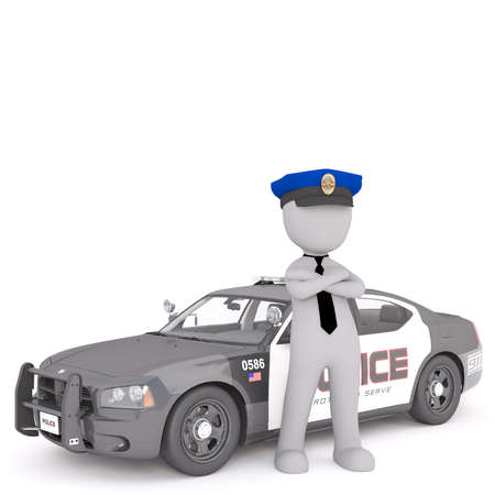 3d policeman standing next to his patrol car with folded arms in his cap, rendered cartoon illustration on whiteの写真素材