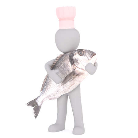 Little faceless cartoon 3D man in cook toque holding big fish in arms. Render isolated on white backgroundの写真素材