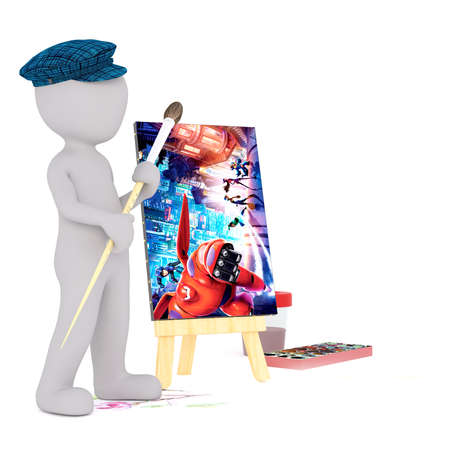 3d man artist wearing a beret with a colorful painted canvas on an easel, box of paints and paintbrush, rendered illustration on whiteのeditorial素材