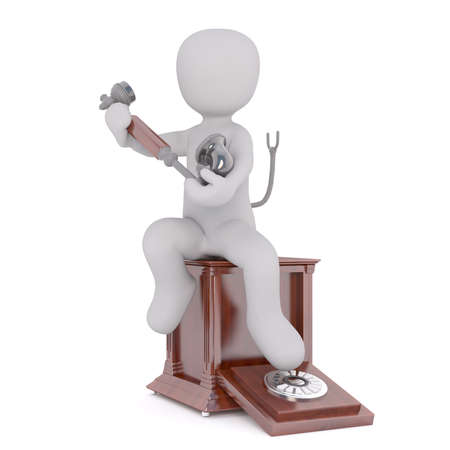 3D rendering of figure holding old time telephone receiver while seated on its baseの写真素材