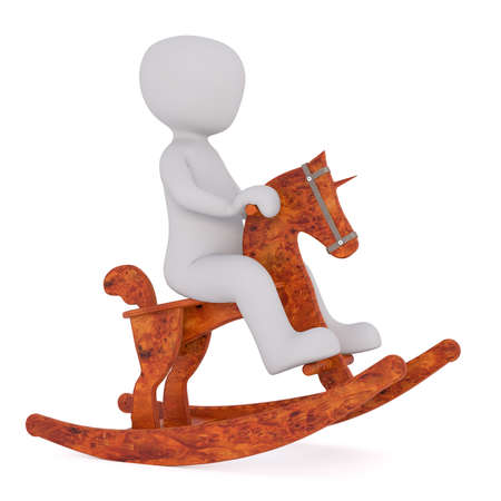 3D render figure of kid sitting on back of wooden rocking horse. Isolated on whiteの写真素材