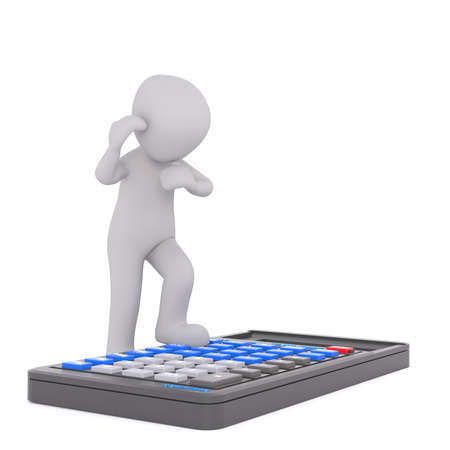 Little faceless 3D cartoon man standing his foot over calculator scratching head, render isolated on whiteの写真素材
