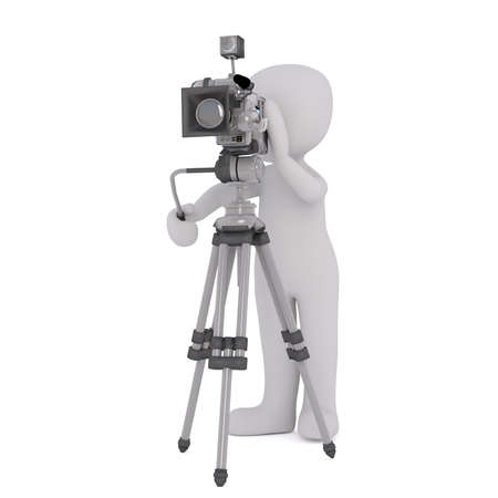 3d toon photographer taking picture with camera and tripod, white backgroundの写真素材