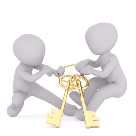 Two little faceless cartoon men fighting for keychain pulling keys in opposite directions, 3D render isolated on whiteの写真素材