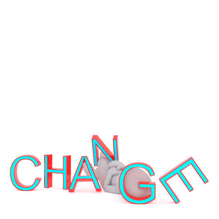 3D figure of faceless cartoon man resting between the letters of change sign, 3D render isolated on whiteの写真素材