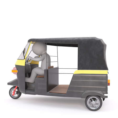 Side view of 3d toon figure driving tuk-tuk vehicle, white background