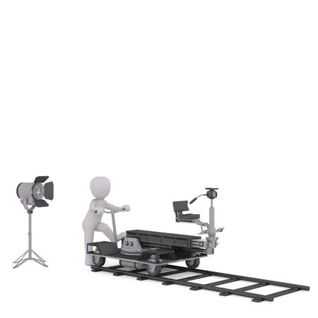 3d toon figure moving cinema camera on trolley along track, white backgroundの写真素材