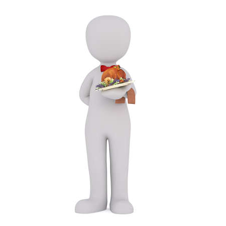 Generic Gray 3d Cartoon Figure Wearing Red Bow Tie and Holding Roast Beef Dish in front of White Background in Restaurant Catering Concept Imageの写真素材