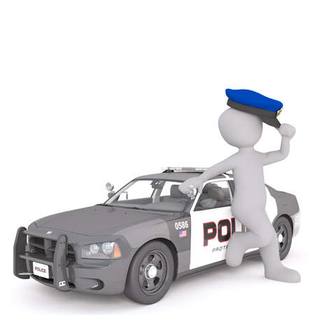 Generic Gray 3d Cartoon Figure Tipping Blue Officer Hat and Leaning Against Police Cruiser Car in front of White Backgroundの写真素材