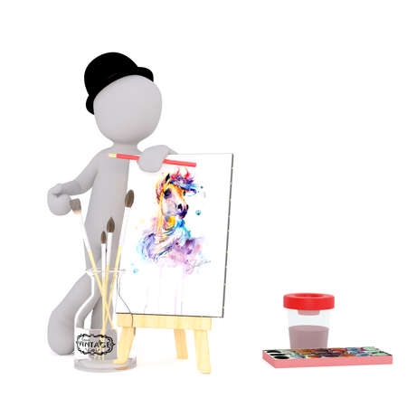 Faceless cartoon character of artist in bowler hat standing behind his painting in watercolor, 3D render isolated on white backgroundのeditorial素材