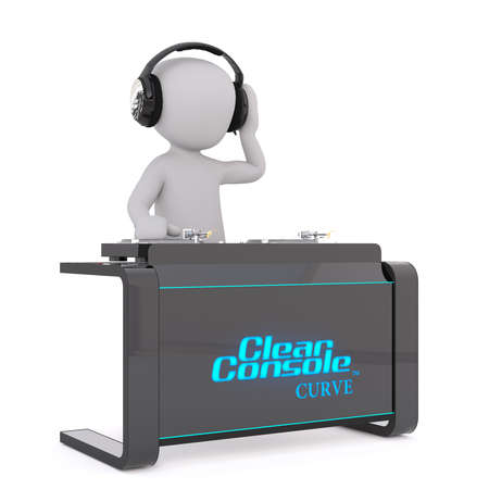 3D model of faceless cartoon man at DJ mixer with his head to his earphones, render isolated on white backgroundの写真素材
