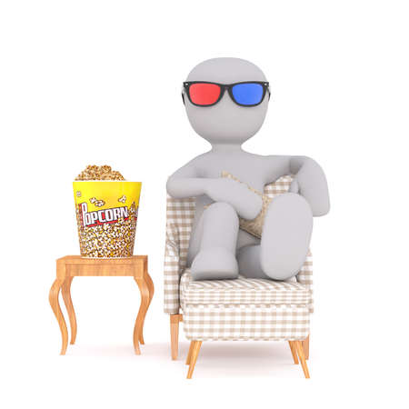 Generic Gray 3d Cartoon Figure Watching 3d Movie from Comfort of Home, Sitting in Arm Chair with Feet Up on Stool with Large Bucket of Popcornの写真素材