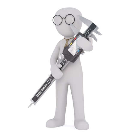 3D man in spectacles and necktie holding big measurement tool calipers in front of him, render isolated on whiteのeditorial素材