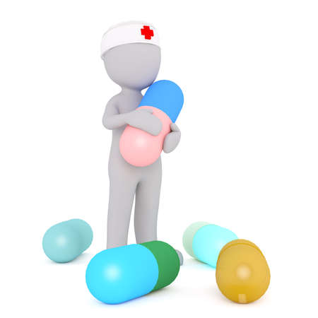 3D man in doctors hat with red cross standing surrounded with different big pills holding one in his hands, isolated on whiteのeditorial素材