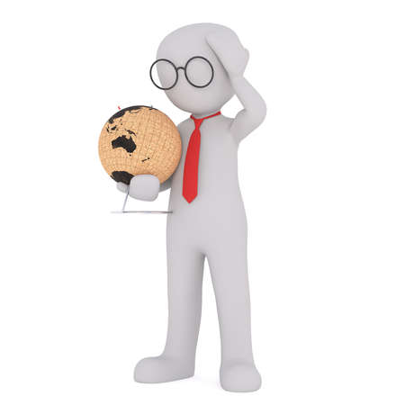 Generic Gray 3d Cartoon Figure Wearing Glasses and Red Neck Tie Standing in front of White Background Holding World Globe and Looking Down with Hand on Head in Puzzlementの写真素材