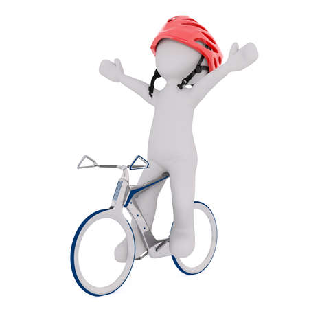 Generic Gray 3d Cartoon Figure Wearing Red Safety Bike Helmet and Celebrating with Open Arms at Finish Line of Bicycle Race in front of White Backgroundの写真素材