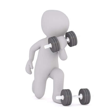 Generic Gray 3d Cartoon Figure Working Out - Lifting Free Dumbbell Weights in front of White Backgroundの写真素材
