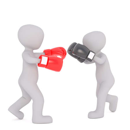 Two Generic Gray 3d Cartoon Figures Wearing Boxing Gloves and Sparring in Match in front of White Backgroundの写真素材
