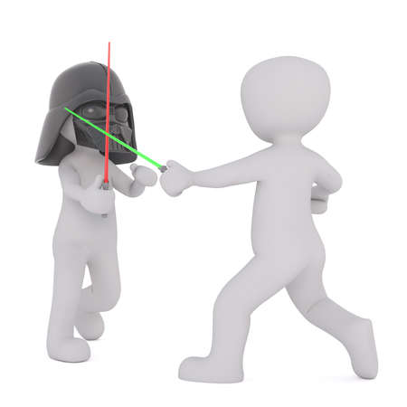 Two 3d toons, one in Darth Vader mask, fighting with light sabres on white background
