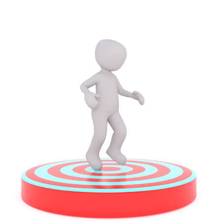 Figure of faceless cartoon man dancing in the center target disk. 3D render isolated on whiteの写真素材