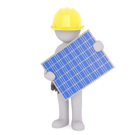 3D Rendering of man wearing yellow hard hat while holding a solar photovoltaic panel on white...