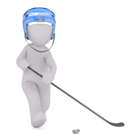 Generic Gray 3d Cartoon Figure Wearing Blue Helmet and Walking Towards Camera with Hockey Stick and Puck in front of White Backgroundの写真素材