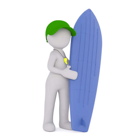 3d Gray Cartoon Figure Wearing Green Cap and Yellow Whistle Around Neck Standing Beside Blue Surfboard in front of White Backgroundの写真素材