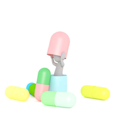 Faceless cartoon man surrounded with different medicine hiding inside huge pill, 3D render isolated on whiteの写真素材