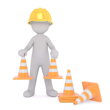 Generic Gray 3d Cartoon Figure Wearing Yellow Hard Hat and Placing Safety Cones or Pylons on Construction or Road Site in front of White Backgroundの写真素材
