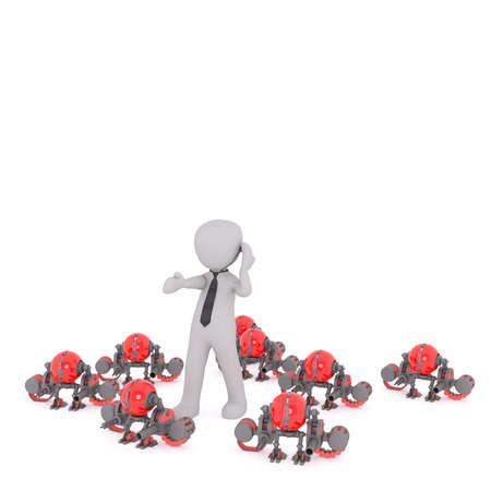 Faceless cartoon 3D man in necktie pointing the target direction to small robots with guns around him, isolated over whiteの写真素材
