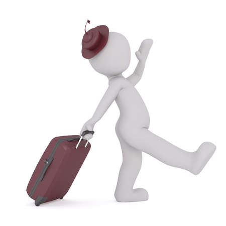 3D faceless character traveler in lady hat striding with rolling suitcase behind, render isolated on whiteの写真素材