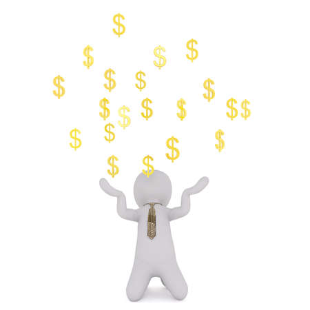 Generic Gray 3d Cartoon Figure Wearing Patterned Neck Tie and Kneeling on Floor Beneath Floating Golden Dollar Signs in front of White Background in Business Financial Concept Imageの写真素材