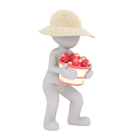 Generic Gray 3d Cartoon Figure Wearing Straw Sun Hat and Carrying Heavy Bushel Basket of Ripe Red Apples in front of White Backgroundの写真素材