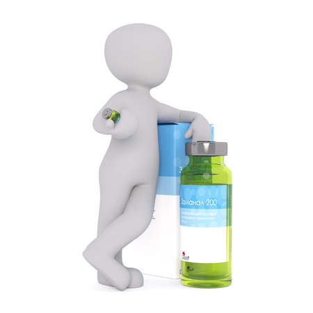 Faceless cartoon man standing leaning on box of medicine with vaccine dose bottle of green glass, 3D render isolated on whiteの写真素材