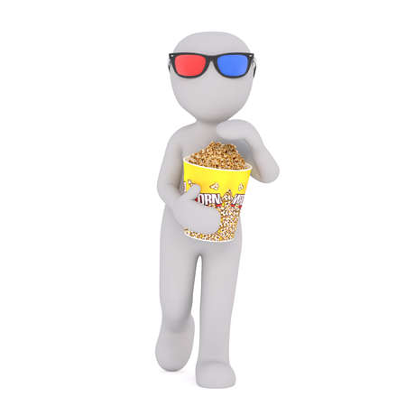 3d Cartoon Figure Wearing 3d Viewing Glasses and Walking Toward Camera Eating Popcorn from Large Bucket in front of White Backgroundの写真素材