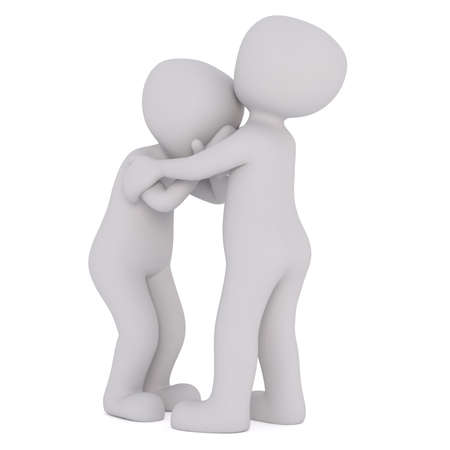 Generic Gray 3d Cartoon Figure Comforting Friend Who is Crying in front of White Backgroundの写真素材