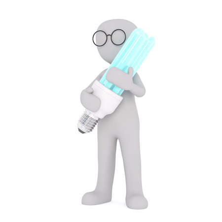 3d Gray Cartoon Figure Wearing Nerd Glasses and Holding Large Oversized Environmentally Friendly LED Light Bulb in front of White Backgroundの写真素材
