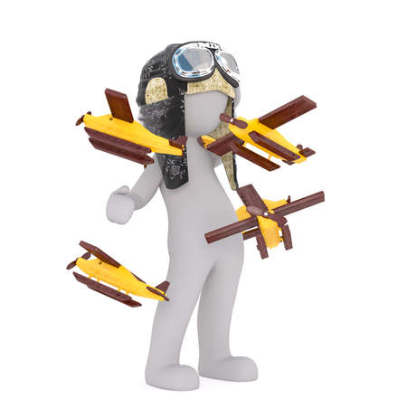 3D model of faceless man in aviation helmet standing surrounded by little flying wooden airplanes, isolated on white backgroundの写真素材