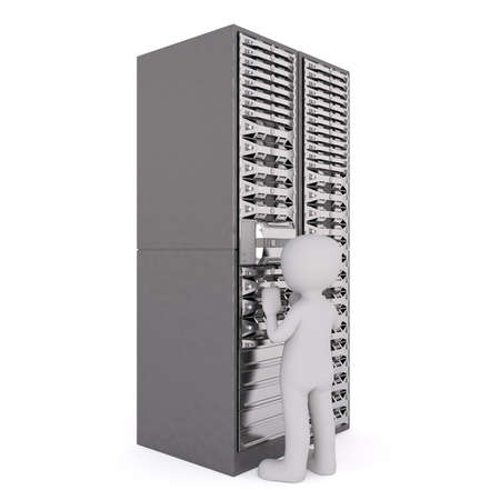 Generic Gray 3d Cartoon Figure of IT Computer Specialist Examining and Working on Large Server on White Backgroundの写真素材
