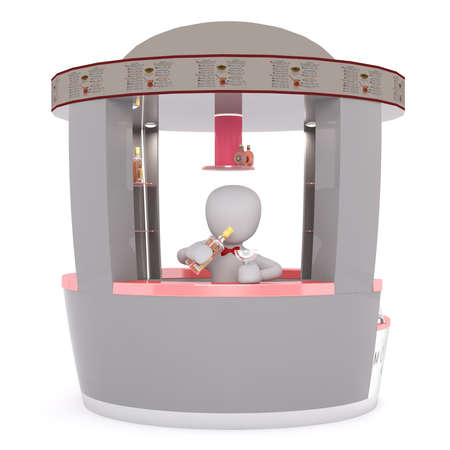 3D model of bar with barmen standing behind and filling glass from a bottle, faceless character render isolated on whiteの写真素材