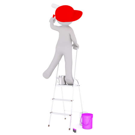 Generic Gray 3d Cartoon Figure Wearing Red Cap and Holding Paint Roller While Perched Precariously on Ladder in front of White Background with Various Paint Cans and Bucketsの写真素材