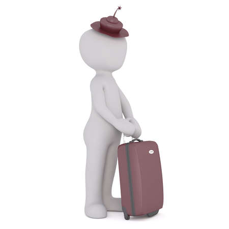 Gray 3d Cartoon Figure Wearing Fashionable Maroon Colored Hat and Standing Next to Suitcase in front of White Backgroundのeditorial素材