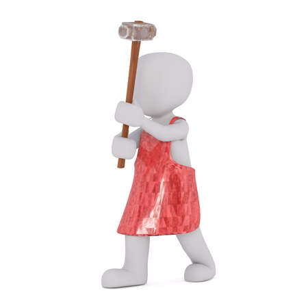 Faceless cartoon character of blacksmith 3D man in red apron swinging the hammer, isolated on whiteの写真素材