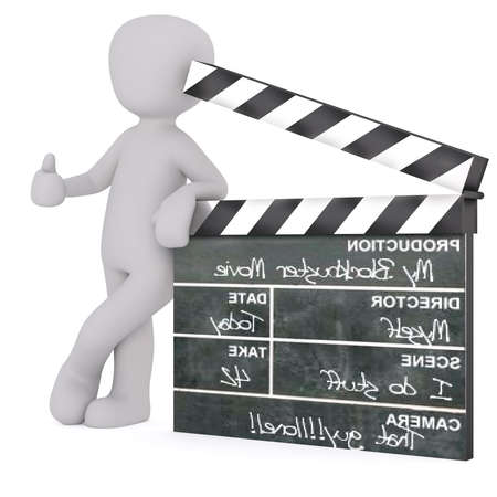 Generic Gray 3d Cartoon Figure Giving Thumbs Up Sign and Leaning Confidently Against Large Oversize Film Set Movie Clapperboard in front of White Backgroundの写真素材